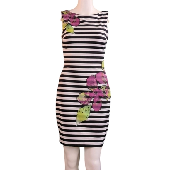 Caché Horizontal Striped Bodycon Dress With Floral Splash - Picture 1 of 13
